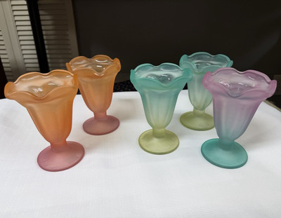 Vintage Libbey Ka-Dinks Frosted Parfait Ice Cream Sundae Footed Glasses Set of 5