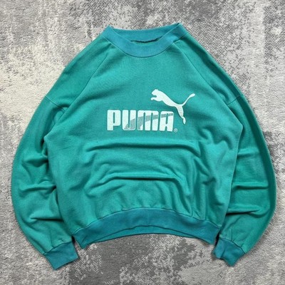 Vintage 80s Puma Sweatshirt Medium Womens Teal Green White Raised Puff Print