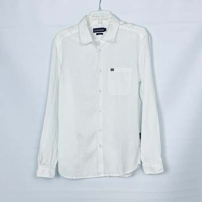 Napapijri Men M 100% Linen Button Up Shirt White Regular Fit Beach Travel