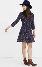 Madewell Silk Boatneck Pintuck Dress in Moonless Floral Blue Size 4
