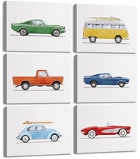 Nursery Car Canvas Wall Art Watercolor Retro 10L"x8W"Canvas 6Pcs