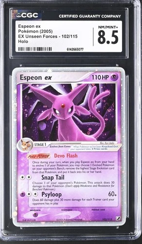 CGC 8.5 NM/MINT+ Espeon EX 102/115 EX Unseen Forces Holo Swirl Pokemon Card