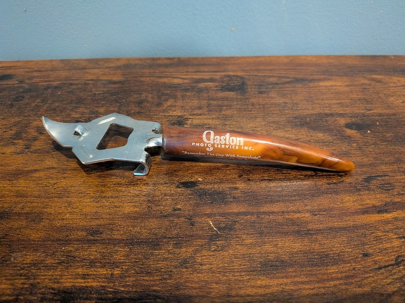 Vintage Bakelite Bottle & Can Opener Barware with Marbled Handle Retro Advertise