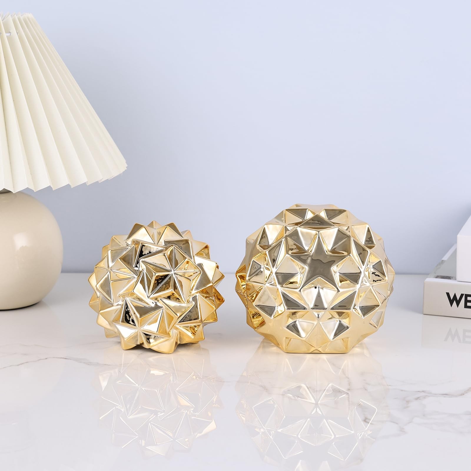 Gold Knot Orbs Ceramic 2PC Decorative Spheres Set - Modern Geometric Balls Ce...
