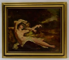 Ca.  1900–1930 Old painting  “Bacchante with Putto”, oil signed, 28.3 x 24.8 in