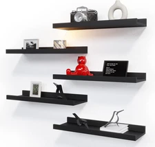 5 Set Floating Wall Mounted Shelves, Black Shelves for Wall Decor, Modern Pictur