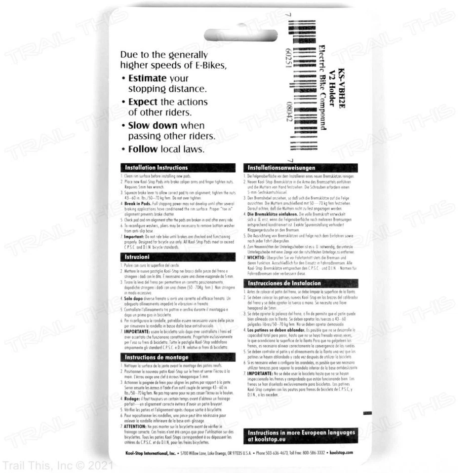 Pastillas de freno Kool-Stop E-Bike tipo V roscadas soporte V2 70 mm eBike Foto 3 de 3