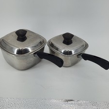 Vintage Sears Square Stainless Steel Saucepan Set 1 Qt & 2 Qt w Lids USA