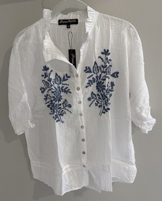 NWT Sundance Catalog JP And Mattie White Blue Embroidery  Sabine Top  Sz M $138