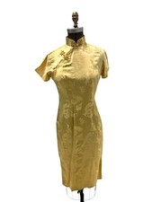 VTG Gold Silk W/ Peacock Floral Pattern Chinese Cheongsam Dress  Long Coat S/M