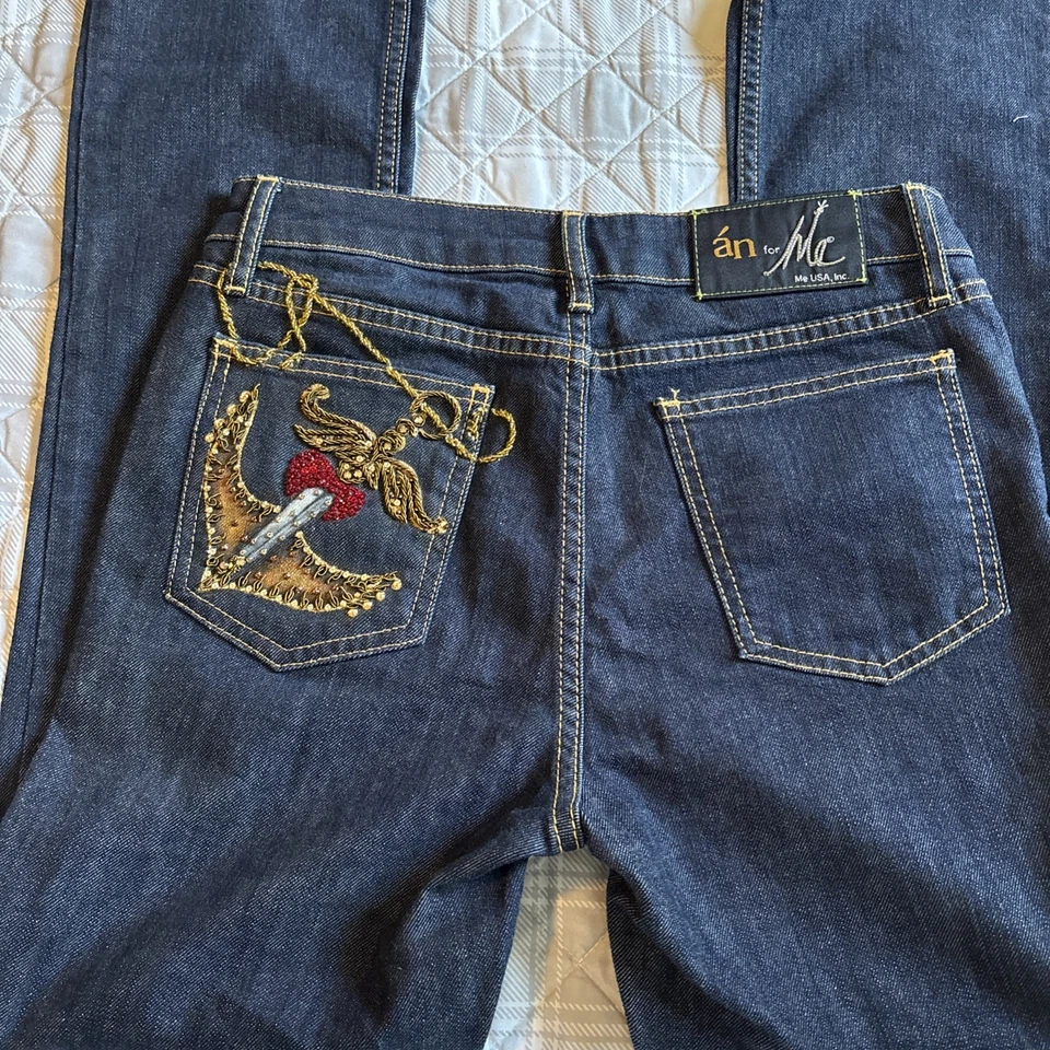 Pantalones de mezclilla para mujer An for Me embellecidos a mano bootcut dorado rojo talla 30 cintura Foto 3 de 4