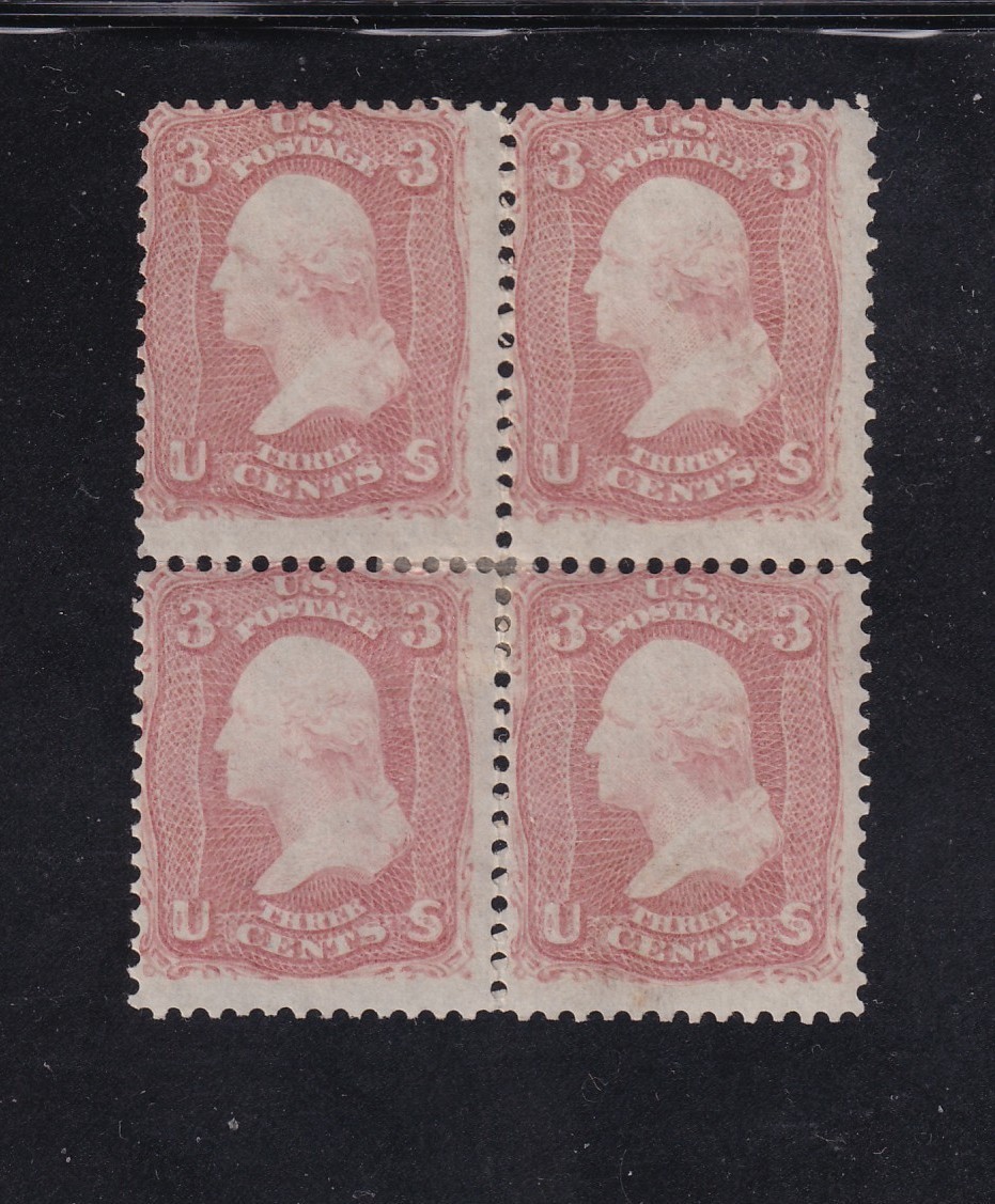 US #65 1861 3¢ Rose, Brown Red, Block/4, OG F-VF Mint H