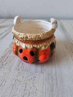 Vintage ceramic jack-o'-lantern pumpkin ghost basket as is Halloween decor