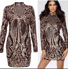 NWT Quiz Sequin Bodycon Dress 10 Party  Gold Black Long Sleeve Occasion Xmas