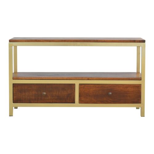 Gold Wooden Media Unit 2 Drawers Luxury Mid Century Modern Chestnut Contemporary - Picture 1 of 9