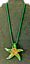 Hand-Blown Green Glass Starfish Pendant Green Cord Gold Flakes 16" Adjustable
