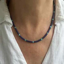 Blue Kingman Turquoise & Afghanistan Lapis Heishi Bead Beaded Gemstone Necklace