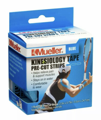 Mueller Sports Medicine Kinesiology Tape Pre-Cut Strips, Blue, 20 Strips 2x9.75