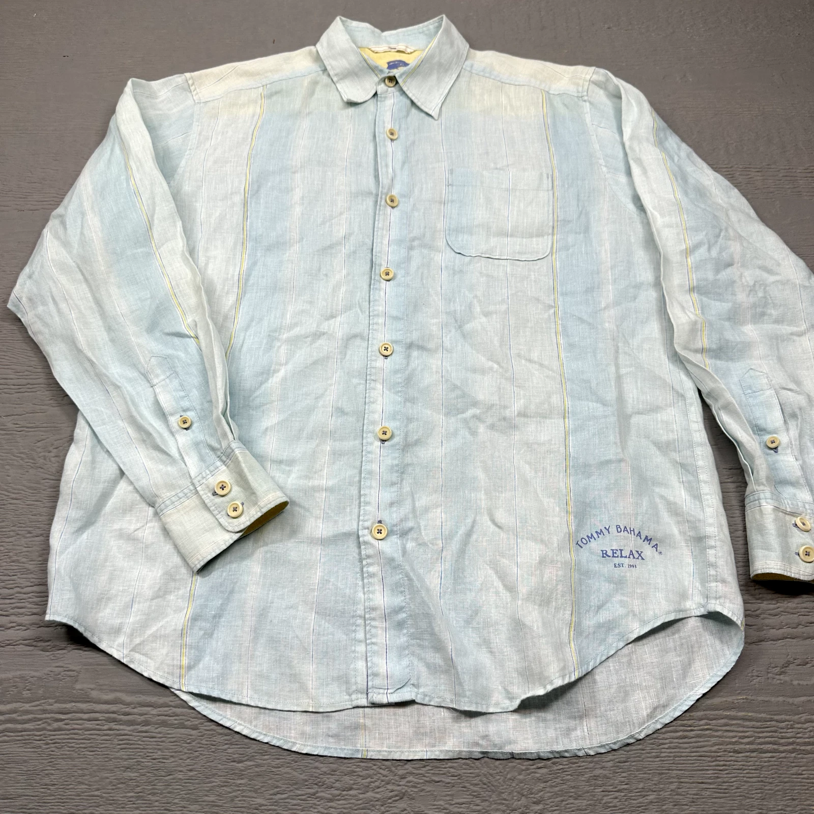 Tommy Bahama Linen Shirt Mens Medium Blue Green Relax Button Long Sleeve Casual