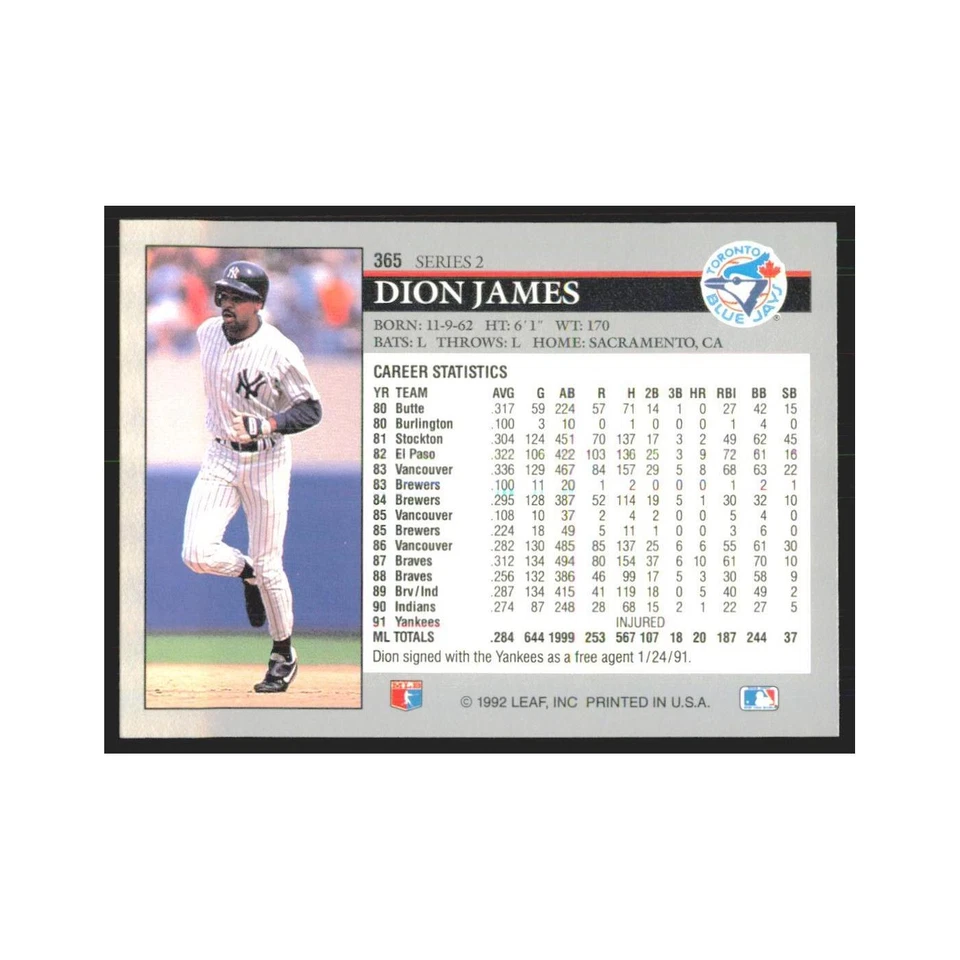 1992 Leaf Dion James Yankees #365.0 - Image 2 of 3