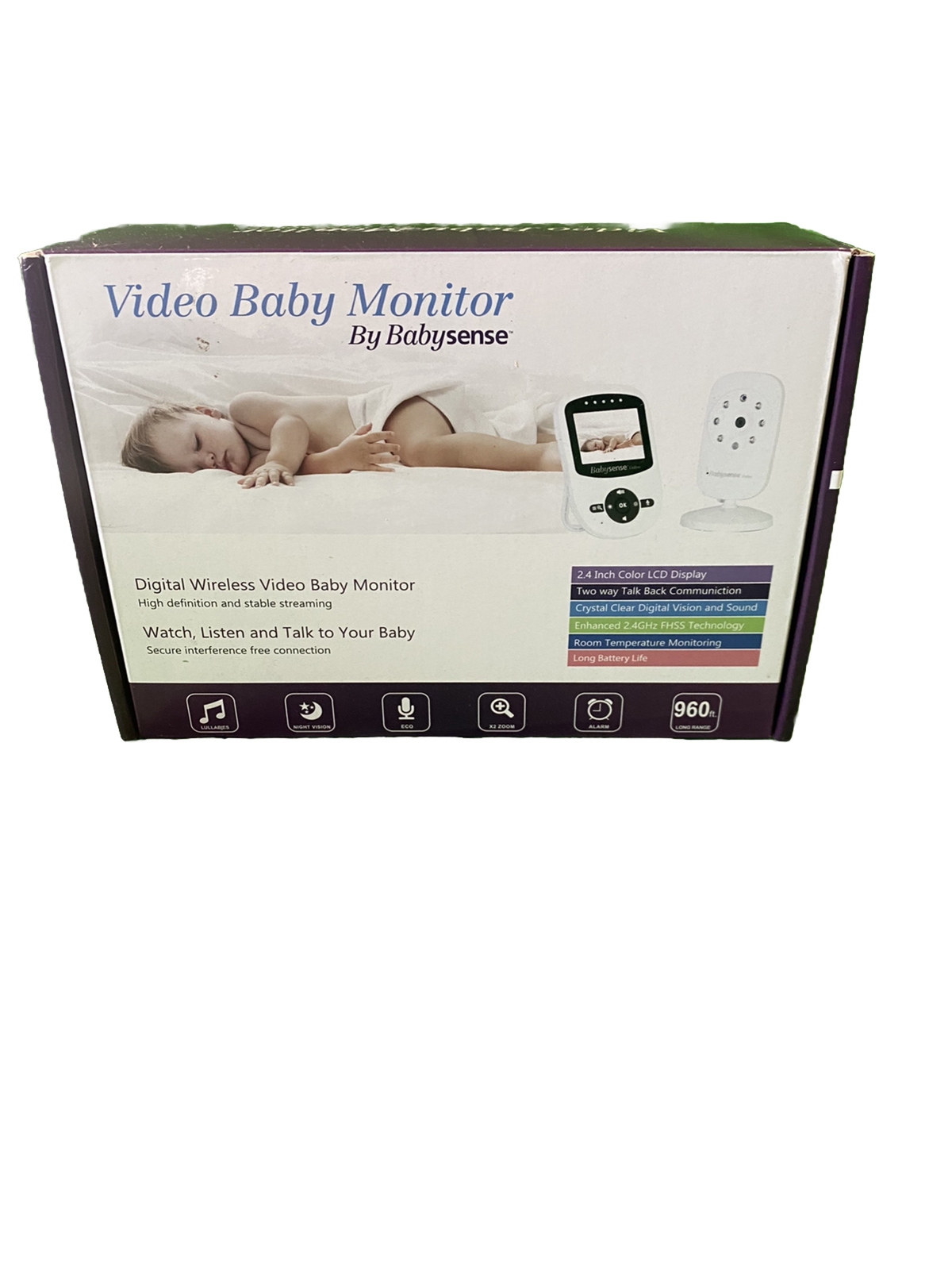 Babysense HD Video Baby Monitor V24 2X Zoom Two Way Talk Temperature NIB