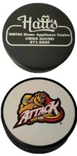 OWEN SOUND ATTACK VINTAGE OFFICIAL INGLASCO HOCKEY PUCK HATT'S MAYTAG SPONSOR 