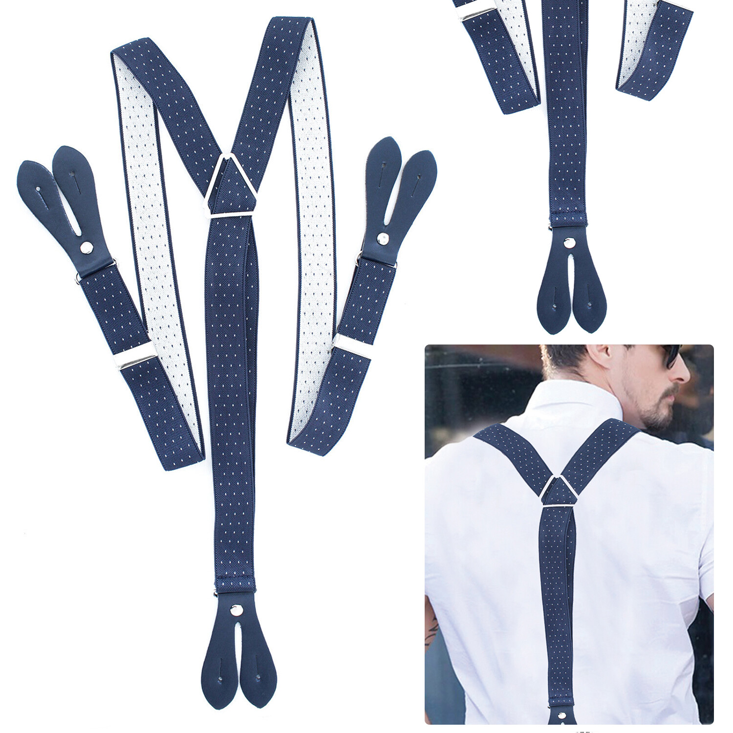 Unisex Mens Braces Suspender Adjustable & Button Holes Navy with White Dots eBay