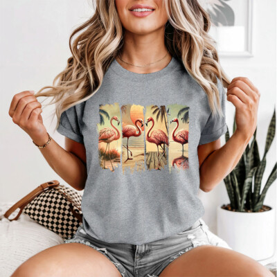 Tropische Flamingo Vögel Damen T-Shirt Strand Urlaub