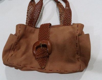 Fatto a mano by Carlos Falchi brown seude brown leather woven handle bag Used