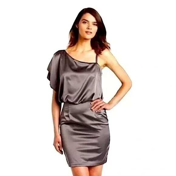 jessica simpson grey dress Gray Satin One Shoulder Flutter Sleeve Cocktail SZ4 Midi dress