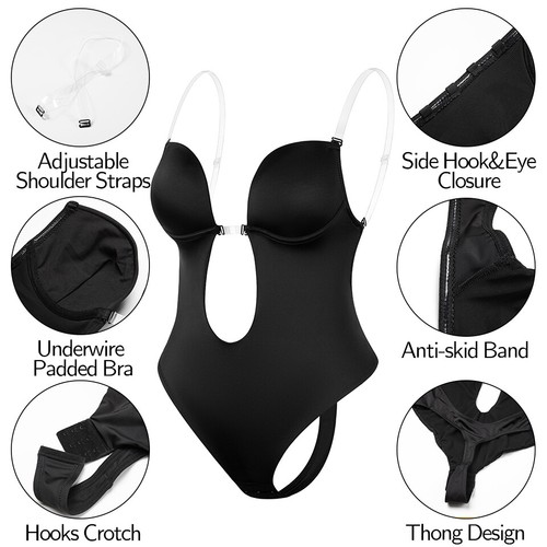 Women Ladies Backless Thong Body Shaper U Plunge Built-in Bra Deep V Bodysuit UK - Picture 4 of 21