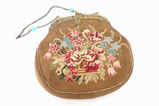 Antique 19th Century French Petit Point Embroidery Purse Jeweled Frame Floral