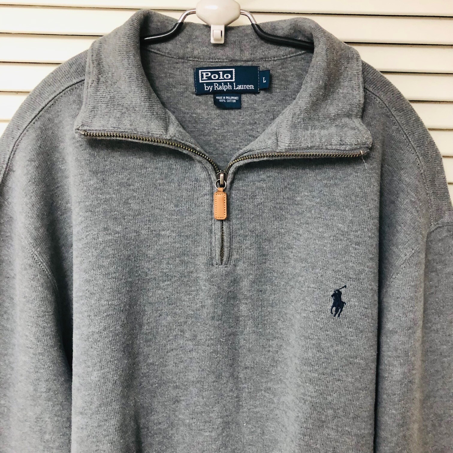 Polo Ralph Lauren Gray Pullover L 1/4 Zip Pony Logo Leather Zipper Pull  Cotton | eBay