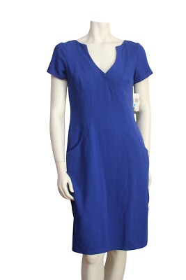 NWT David Meister Blue Crepe V-Neck Short Sleeve Dress with