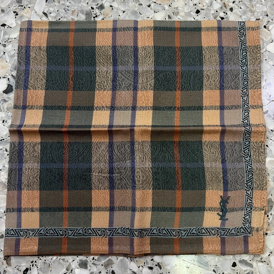 MAN HANKY PLAID & CHECK CLASSIC BEIGE BROWN VTG COTTON POCKET ART SQUARE18” #Y3 - Image 2 of 3