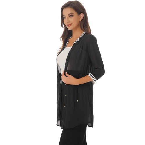 Womens See-through Chiffon Cardigan Open Front Asymmetrical Hem Loose Cover Ups - Picture 24 of 52