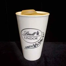 "Lindt Lindor" Travel Cup. Hot/Cold Beverages. Hard Plastic Lid. #64