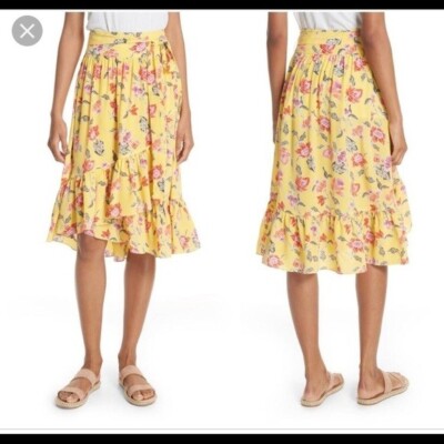 Joie Womens Denisha Yellow Floral Faux Wrap HIgh Low Midi Skirt $258 NWT 