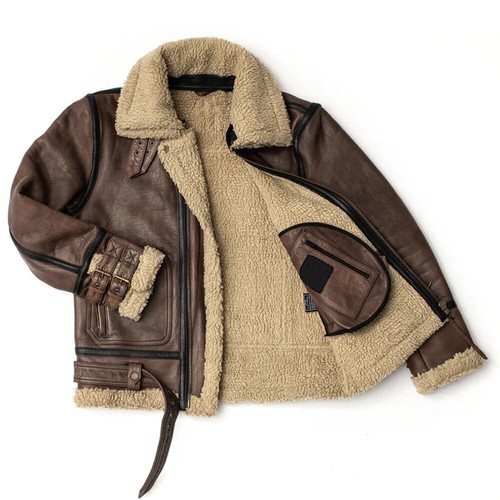 Men Brown B3 Flight Bomb Aviator al Leather Shearling C - Picture 4 of 15