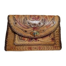 Vintage Hand Tooled Tan Leather Shoulder Bag Purse 1960s Mexico