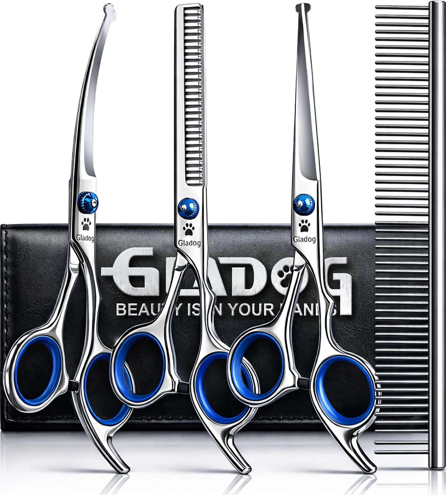 Professional 5 in 1 Dog Grooming Scissors Set with Safety Round Tips, Sharp a...