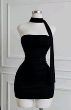 Women's Black Strapless Bodycon Mini Dress w/ Neck Scarf, Stretch Knit