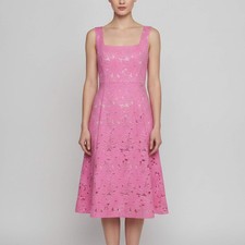 CH Carolina Herrera Pink Floral Guipure Lace Flared Midi Dress S