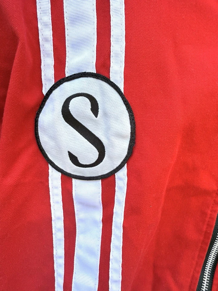 VTG 90s Schwinn Mechanic Red Racing Stripe Zip Short Sleeve Work Shirt Chrome - Image 3 of 4