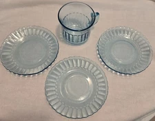 Vintage Fortecrissa "Azura" Ribbed Glass Plate 1 T-cup 3 Saucers Ice Blue