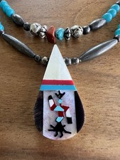 Vintage Native American Kachina Dancer Inlaid Stone Pendant Necklace 16"