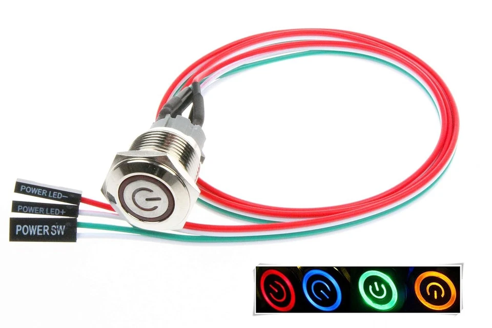 Interruptor de alimentación de botón pulsador de chasis de metal de 16 mm con cable de extensión de 22" para estuche de PC Foto 3 de 4