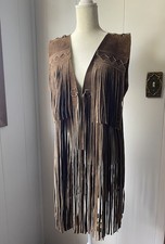 Vintage Leather Vest Long Fringe Brown Size 38 Diamond Shape Detail Boho Hippie