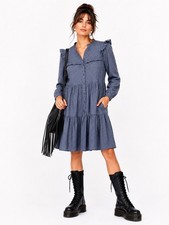 Crown & Ivy Gray Swiss Dot Cotton Tiered Dress with Pockets Size L
