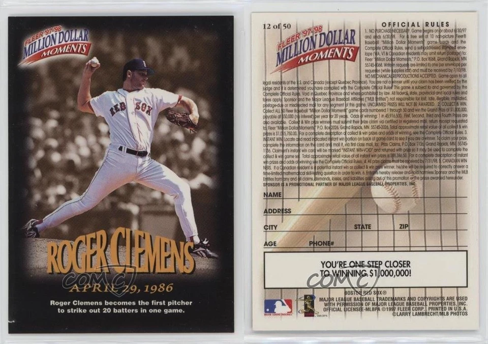 1997-98 Fleer Million Dollar Moments Roger Clemens #12 - Image 3 of 3